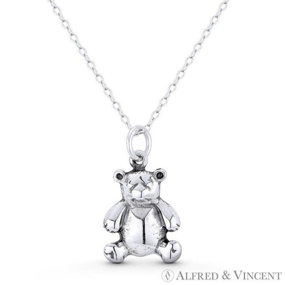 Pot Belly Teddy Bear Charm Pendant in Oxidized .925 Sterling Silver